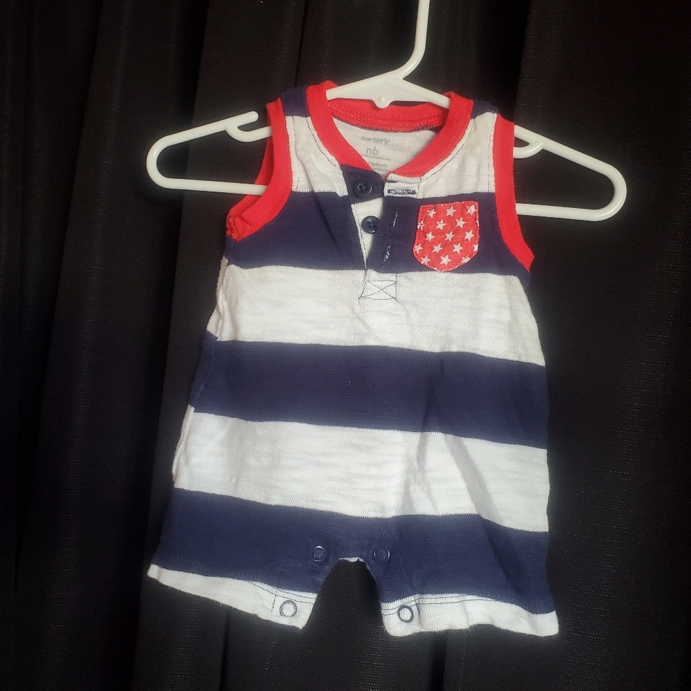 4th Of July Baby Romper Stripes with Star Pocket, Newborn